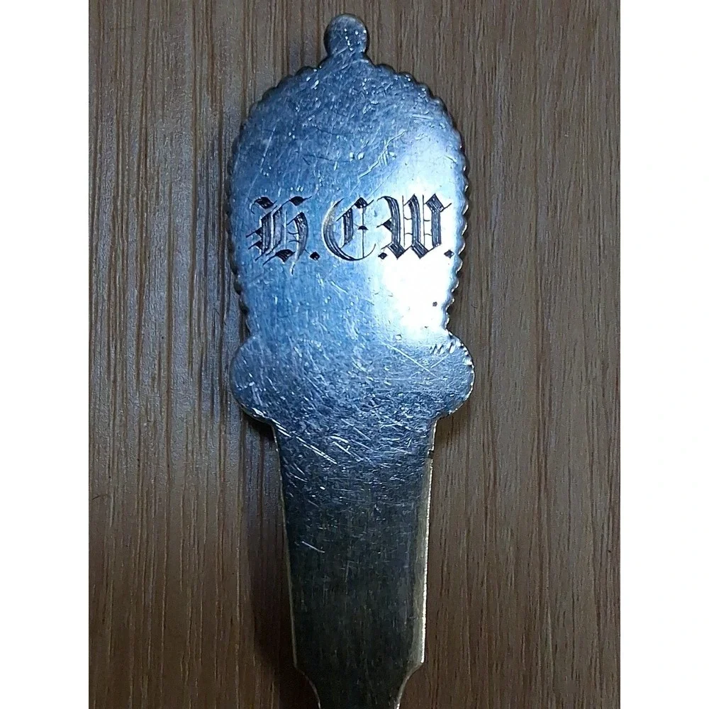 WOOD & HUGHES pierced Serving Ladle / Sifter MEDALLION 3D face. Rare 1870s